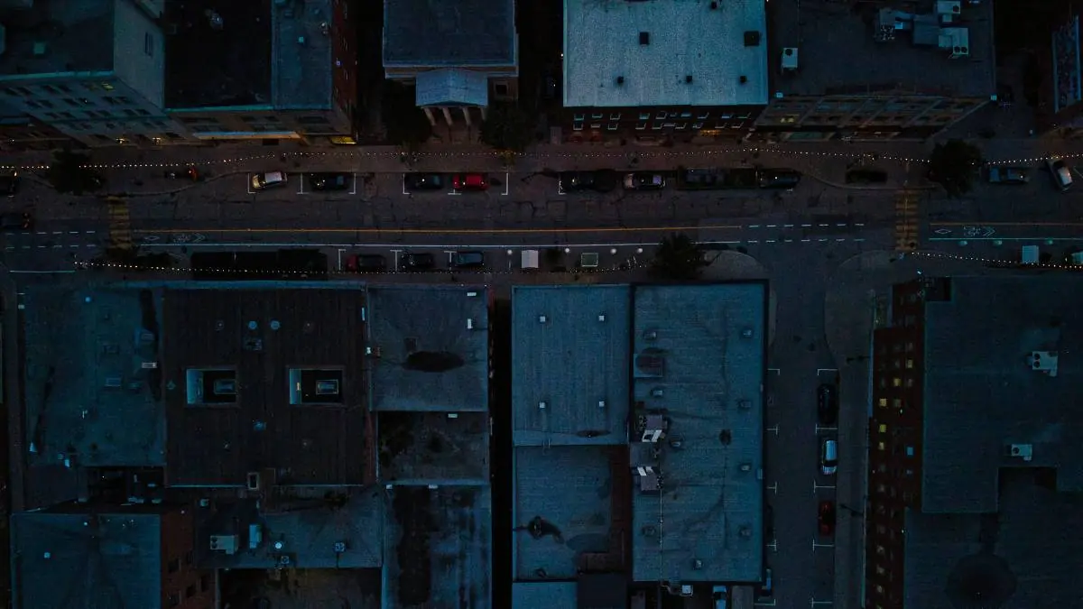 Aerial view of a city street at night