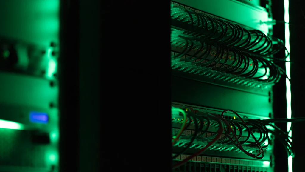 Rack of servers in a dark data center, the kind of hardware that stores a search engine's index